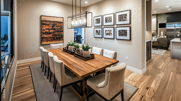 Fototapeta Contemporary dining room featuring a wooden table surrounded by stylish upholstered chairs