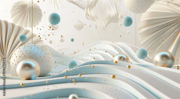 Fototapeta abstract background with white and blue Christmas ornaments and waves