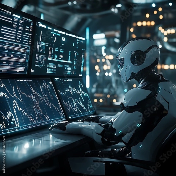 Obraz Futuristic robot analyzing data tech lab digital art high-tech environment close-up view innovation insights