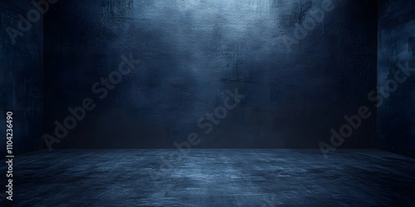 Obraz Empty dark concrete wall room studio background and floor perspective with blue soft light well editing displays product and text present on free space cement backdrop