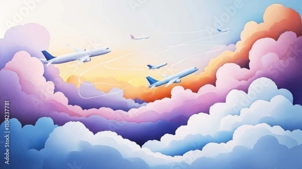 Obraz Flight itinerary and departure schedules in the sky airplanes amidst dreamy clouds
