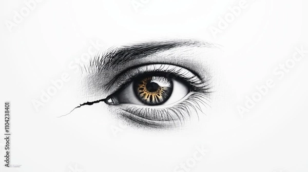 Fototapeta Close-up of a single human eye with detailed iris and eyebrow illustration on a white background, accompanied by a diagonal crack across the lower eyelid creating a surreal effect