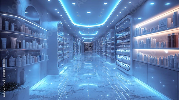 Fototapeta Modern hallway of a beauty and wellness store illuminated with neon lights showcasing various skincare products. Generative AI