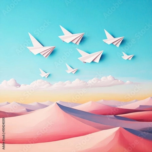Obraz Paper airplanes in a surreal sky landscape flight schedules and departure itineraries