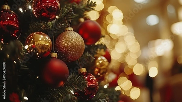 Fototapeta A beautifully adorned Christmas tree sparkles with vibrant red and gold ornaments, radiating festive cheer and warmth in a cozy holiday setting.