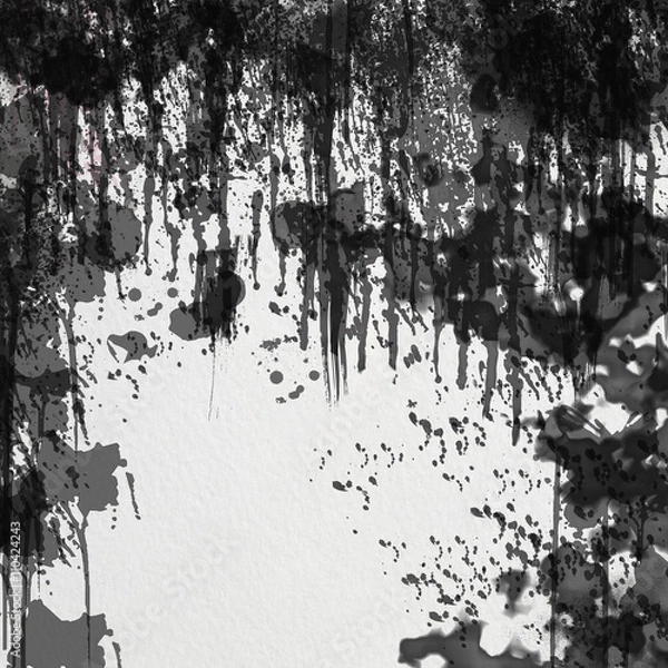 Obraz Черное абстрактное акварельное пятно, клякса чернильная тушь. Потеки, брызги,  разводы на белом фоне. . 