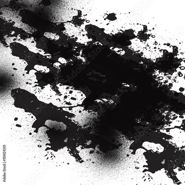 Obraz Черное абстрактное акварельное пятно, клякса чернильная тушь. Потеки, брызги,  разводы  на белом фоне.. 