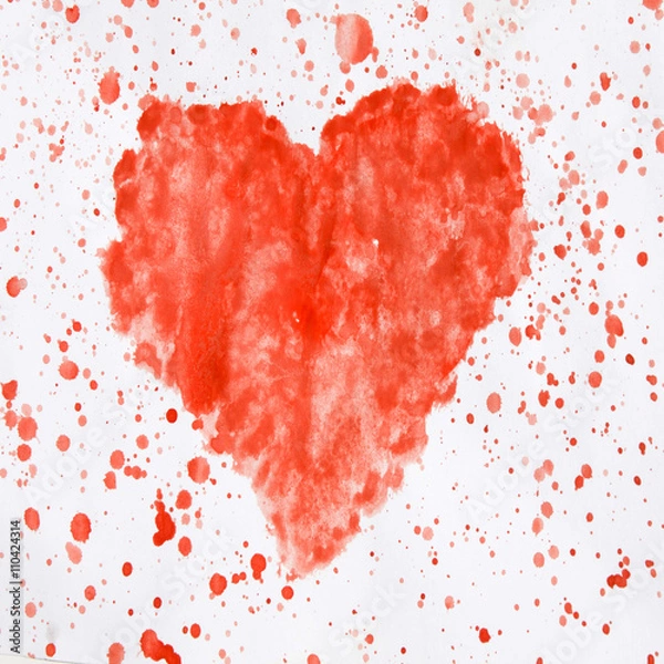 Obraz Красное абстрактное акварельное сердце. брызги, потеки, пятна . на белом фоне.