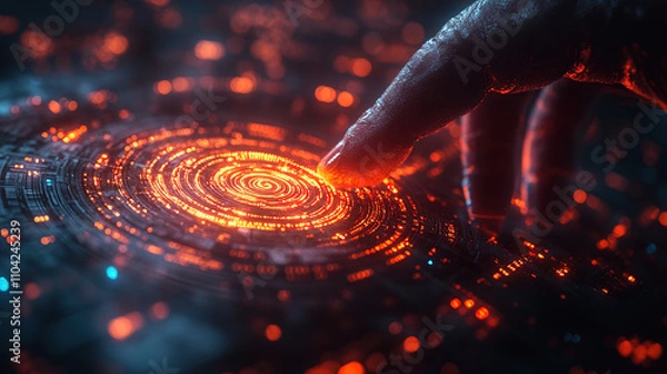 Fototapeta Futuristic hand reaching out to touch a glowing, circular digital interface in a dark setting. Generative AI