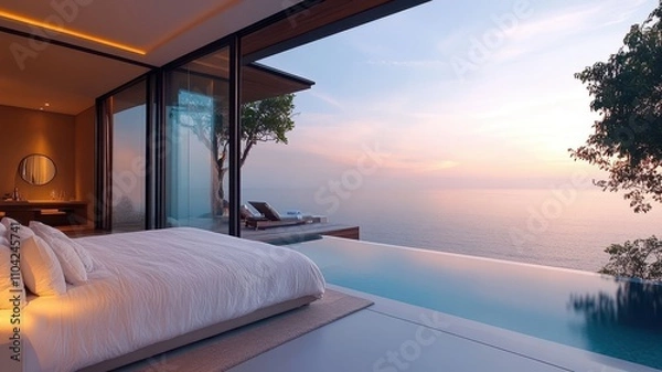 Fototapeta A serene bedroom with an ocean view, featuring a luxurious bed and an infinity pool, bathed in soft light during sunset.