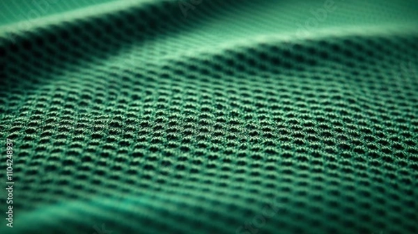 Fototapeta A close-up of a textured green fabric with a woven mesh design. The intricate pattern creates a dynamic surface, showcasing the fabric's soft, breathable quality and modern appeal.