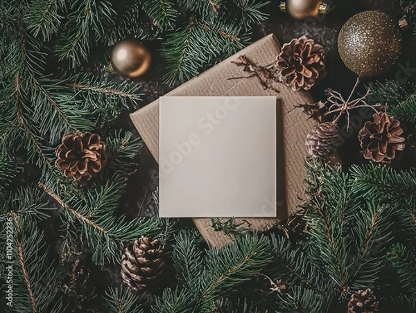 Fototapeta Square blank white card surrounded by Christmas branches and decorations, top view, high quality, and high sharpness.