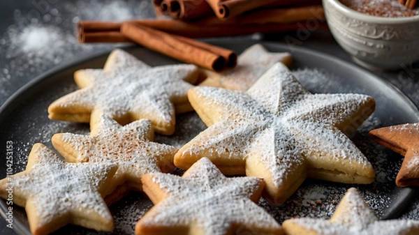 Fototapeta Elegant holiday star sugar cookies with a touch of cinnamon and snowy sweetness