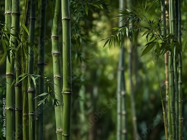 Fototapeta Bamboo leaves against a green background, refreshing and immersive.