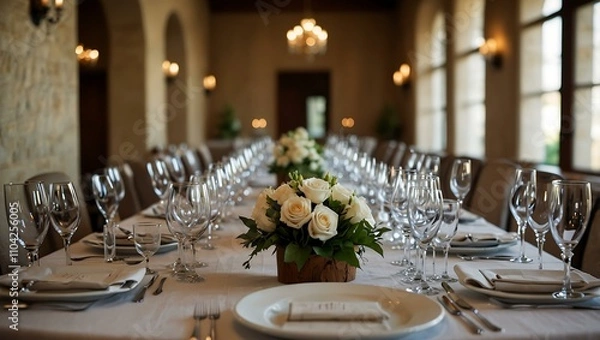 Fototapeta Banquet table with elegant place settings.