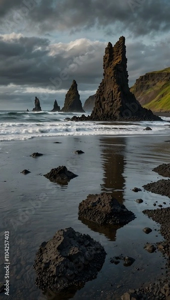 Fototapeta Basalt stacks at Reynisdrangar near Vik, Iceland.