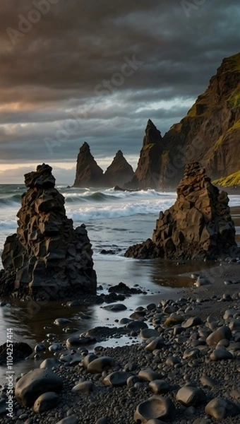 Fototapeta Basalt stacks at Reynisdrangar near Vik, Iceland.