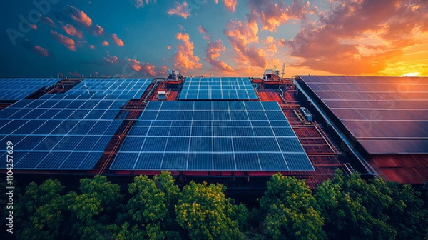 Obraz Expansive solar panels on industrial rooftop at sunset with vibrant sky