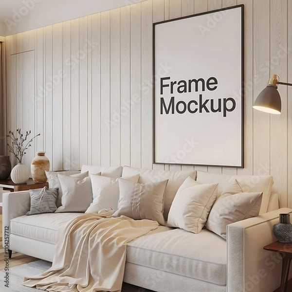 Fototapeta Cozy and Hygge chic minimalist living room with a Scandinavian Vibes.