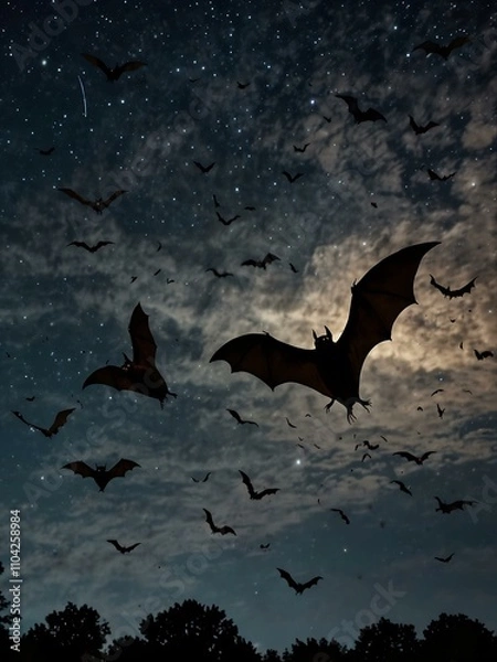 Fototapeta Bats flying in a nighttime sky.