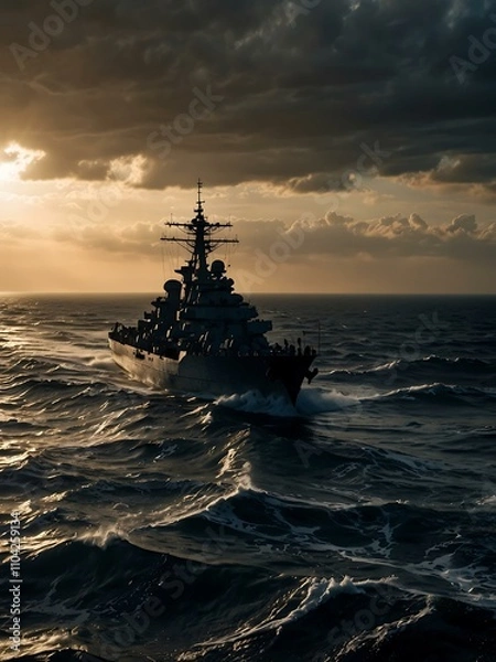 Fototapeta Battleship cruising through turbulent seas, powerful silhouette.