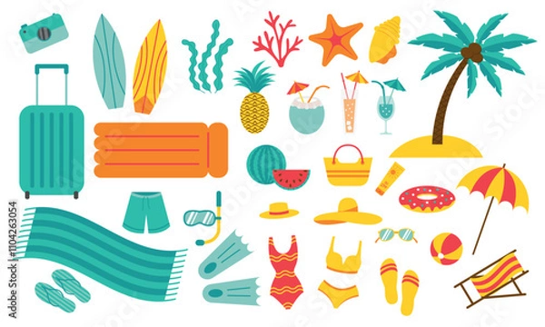 Fototapeta Summer beach set. Collection of male and female attributes for relaxation on the sea or ocean isolated on white background. Vector illustration