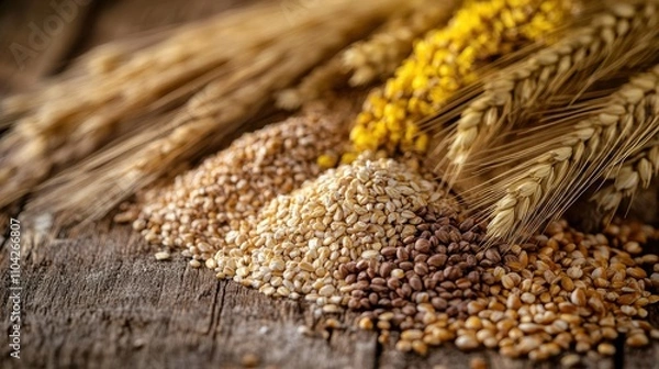 Obraz A rustic arrangement of various grains and seeds on a wooden surface, highlighting their textures and colors, while jars in the background evoke a sense of natural abundance and nutrition.