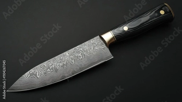 Fototapeta A beautifully crafted damascus knife with an intricate blade design and a striking wooden handle, showcasing artisanal craftsmanship and elegance for both collectors and culinary enthusiasts.