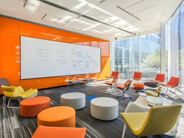 Fototapeta Office interior signage mockups - Modern collaborative workspace with colorful seating and a large whiteboard for brainstorming.