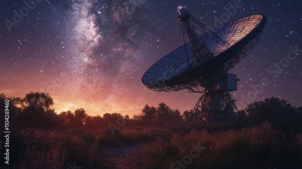 Obraz A massive satellite dish stands in a serene landscape, reaching toward the starry sky and the swirling Milky Way.