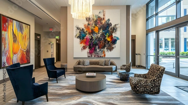 Fototapeta Office interior signage mockups - Modern lobby with stylish furniture and abstract art, creating a welcoming atmosphere.