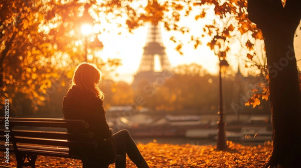 Fototapeta A Woman on a Bench Looking at the Eiffel Tower