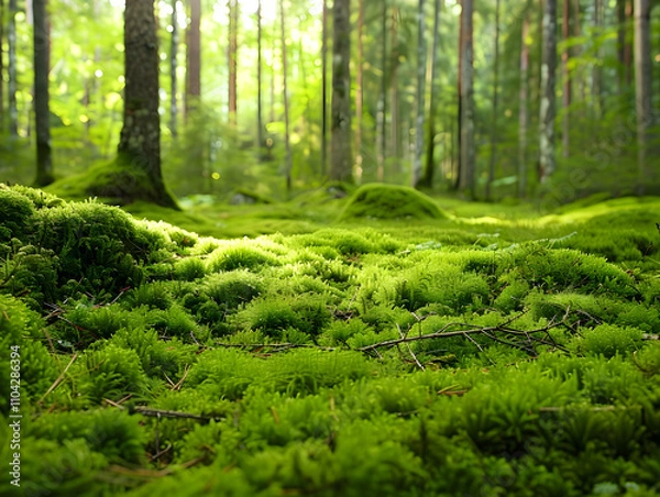 Fototapeta "Enchanting Moss-Covered Forest Floor: A Tranquil Oasis of Nature's Vibrant Green Serenity and Life"