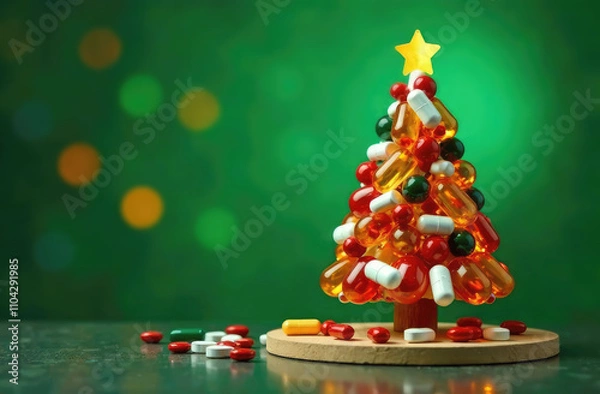 Fototapeta Christmas tree created from medicine colorful pills set on wooden table on green background with color bokeh. Christmas greeting card. Copy space.