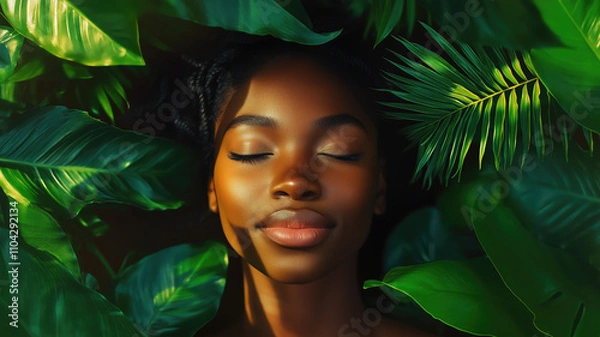 Fototapeta Generative AI illustration of black serene woman with eyes closed and a content smile amidst lush green tropical leaves