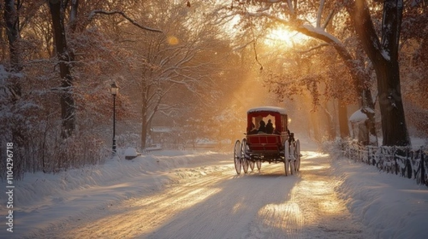 Fototapeta Romantic horse-drawn carriage ride through a snow-covered park at sunset.