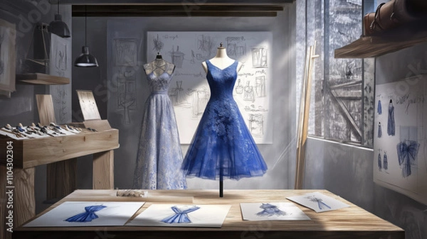 Fototapeta Generative AI image of fashion designer haute couture dressing place with various pencil sketches on paper and display of blue dress on mannequin