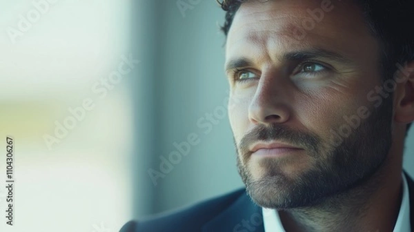 Fototapeta Close-up of a thoughtful businessman gazing out of a window