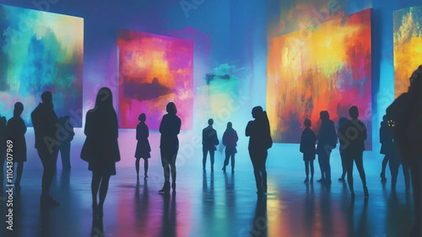Fototapeta Group of people attend an art gallery with paintings. Ai generated.