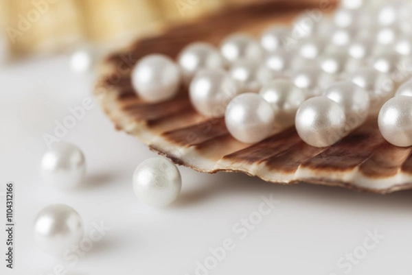 Fototapeta Beautiful white sea pearls on a white backdrop