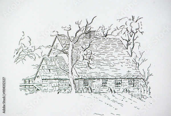 Obraz Beautiful ink sketch of village English house.