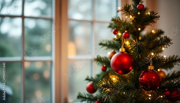 Obraz Christmas Tree by the Window: Warm, inviting image of a decorated Christmas tree with red ornaments and fairy lights, standing by a window with a blurred wintery background. Evokes feelings of peace.
