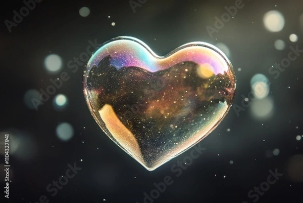 Fototapeta A close-up of a heart-shaped soap bubble floating in the air with a rainbow sheen,
