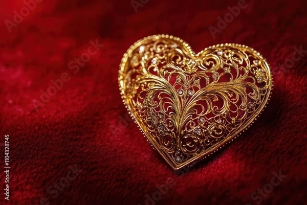 Obraz A close-up of a heart-shaped gold brooch on a red velvet background, with intricate filigree detailing,