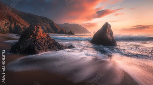 Fototapeta Long-exposure capture of crashing waves and towering rocks at sunset on a serene beach