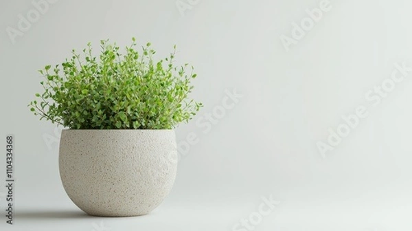 Fototapeta  a small green plant in a white pot sitting on top of a table The pot is made of a light-colored material and has a glossy finish The plant is lush and vibrant, wi