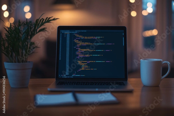 Obraz A software engineer debugging code on a laptop in a cozy, softly lit workspace, highlighting productivity and innovation.