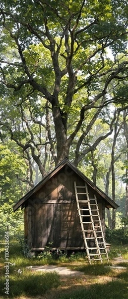 Fototapeta A quaint wooden hut nestled among tall trees with ladders leading up to it, remote, hideaway