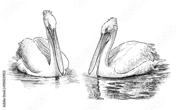 Fototapeta Sketches of two white pelicans floating in water, realistic hand drawn illustration isolated on white