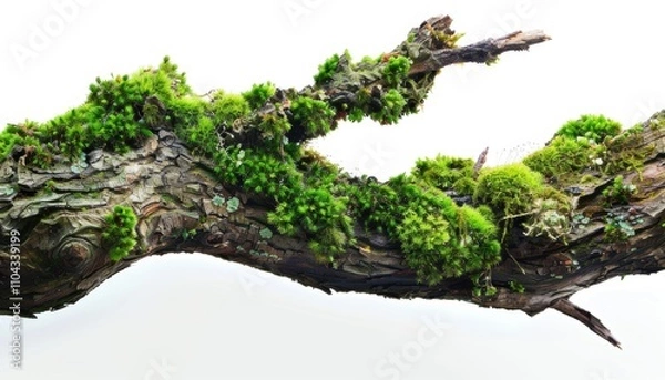 Fototapeta A close-up of a moss-covered branch showcasing vibrant greens and intricate textures.